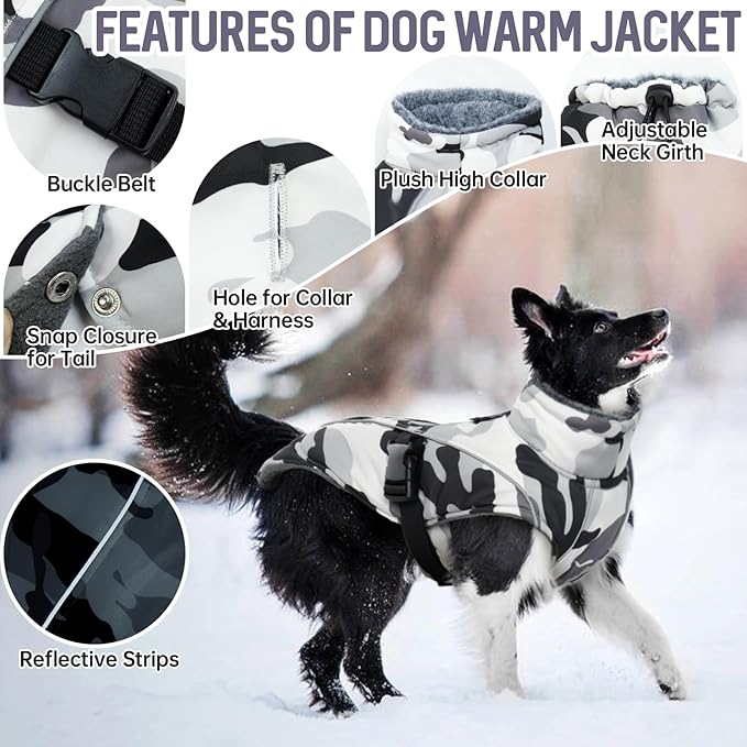DENTRUN Dog Winter Coat - Windproof Reflective Jacket, Plush Turtleneck & Adjustable Belt, Water Repellent Fleece Lined Cold Weather Vest for Corgi Bulldog, White Camo, L
