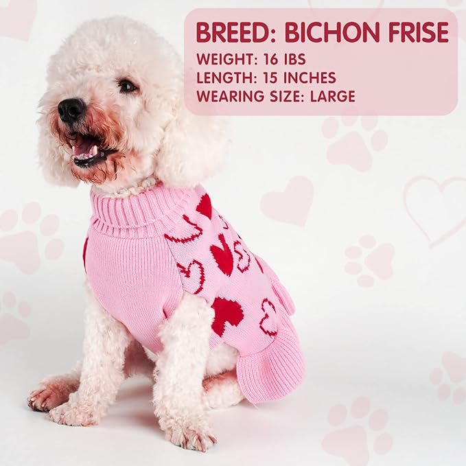 cyeollo Dog Sweater Dress Dog Clothes Pullover Turtleneck with Leash Hole Heart Pattern Holiday Outfit Female Pet Apparel Valentine Sweater for Medium Large Dogs