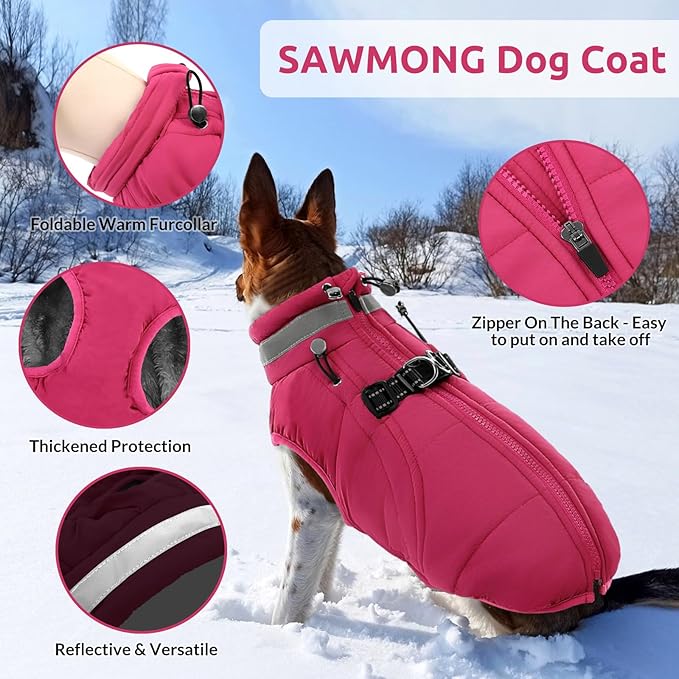 SAWMONG Dog Coat, Warm Dog Winter Coat, Waterproof Fleece Jacket, Cold Weather Dogs Jacket (L,Rosered)