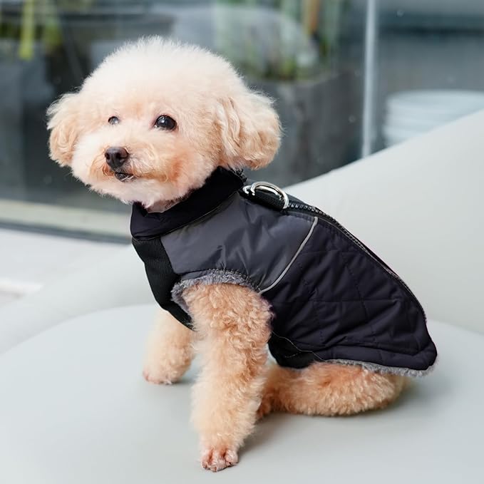Warm Fleece Dog Coats for Small Dogs,D-Rings Waterproof Puppy Jacket for Cold Winter,Black S