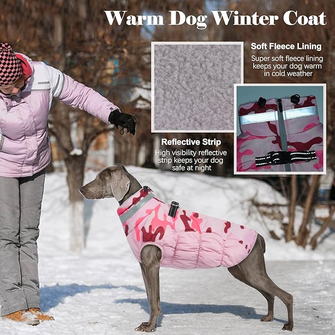 Lelepet Warm Dog Winter Coat Dog Coats for Small Dogs Waterproof Dogs Jacket with Harness Built in Reflective Cold Weather Coats Windproof Zip-Up Winter Fleece Vest Snowsuit Yorkie Pink Camo S