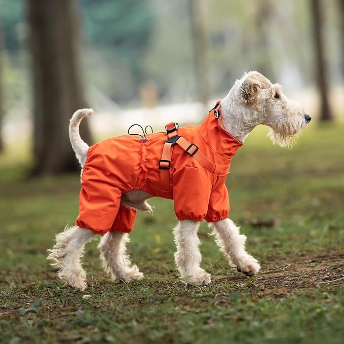 Mile High Life Waterproof Dog Raincoat, Full Coverage Small Dog Rain Coat with Harness, Adjustable 4 Legs Puppy Rain Jacket with Reflective Strip and Elastic Cuffs (Orange, XXS Back Length 9.8")