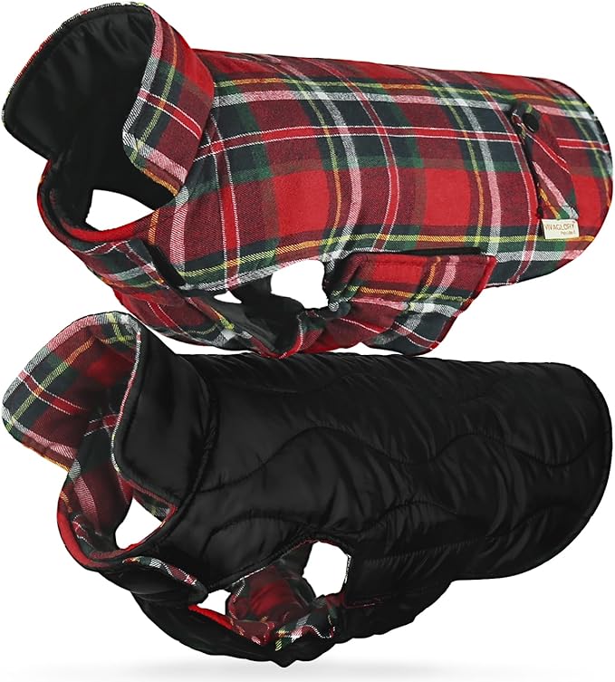 VIVAGLORY Softjoy Dog Coat, Dog Jacket for Winter & Christmas, Coat with Harness Hole & Velcro Closure, Reversible Plaid Checkered Warm Fluffy Heavy Duty for Puppy, M, Red