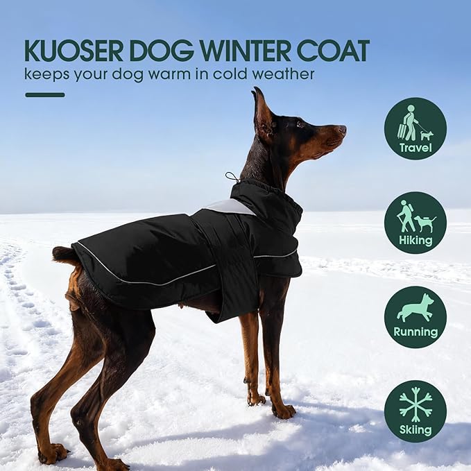 Kuoser Dog Winter Coat, Dog Jackets for Large Dogs, Winter Waterproof Big Doggie Coat, Reflective Dogs Cold Weather Coats, Windproof Turtleneck Pet Puffer Jacket Snowsuit Clothes with Harness Hole