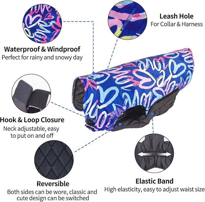 CuteBone Winter Dog Coat - Waterproof Windproof Reversible Vest, Thick Adjustable Cold Weather Jacket for Small Medium Large Dogs, Soft With Leash Hole