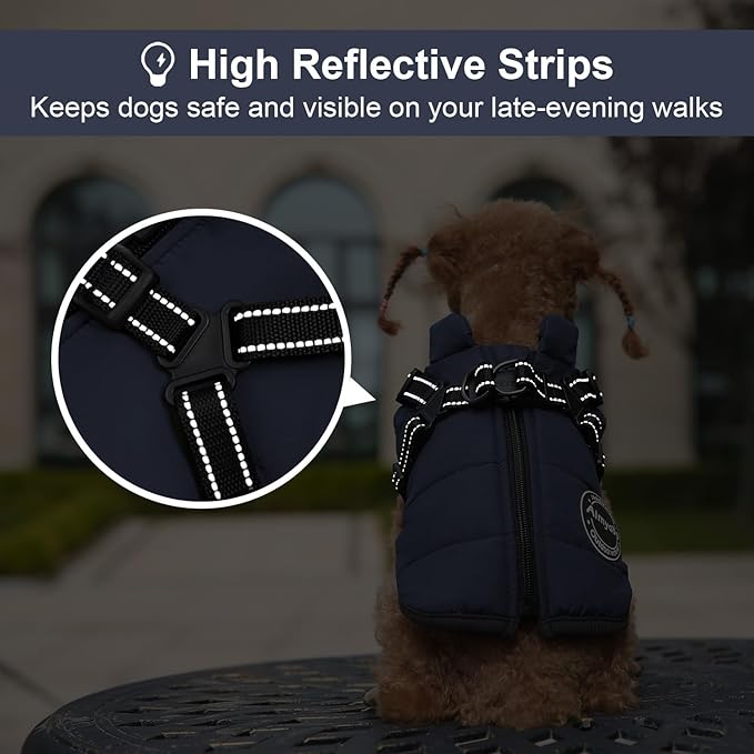 Warm Winter Coat, Fashion Sports Jacket with Built-in Harness, Reflective & Adjustable Pet Vest, Waterproof Windproof for Small Dogs (Navy)