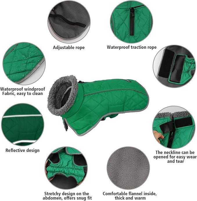 Fragralley Dog Coat Small, Waterproof Dog Jacket with Warm Fleece Lining, Adjustable Reflective Dogs Winter Coat, Turtleneck Pet Coats for Cold Weather (Green S)