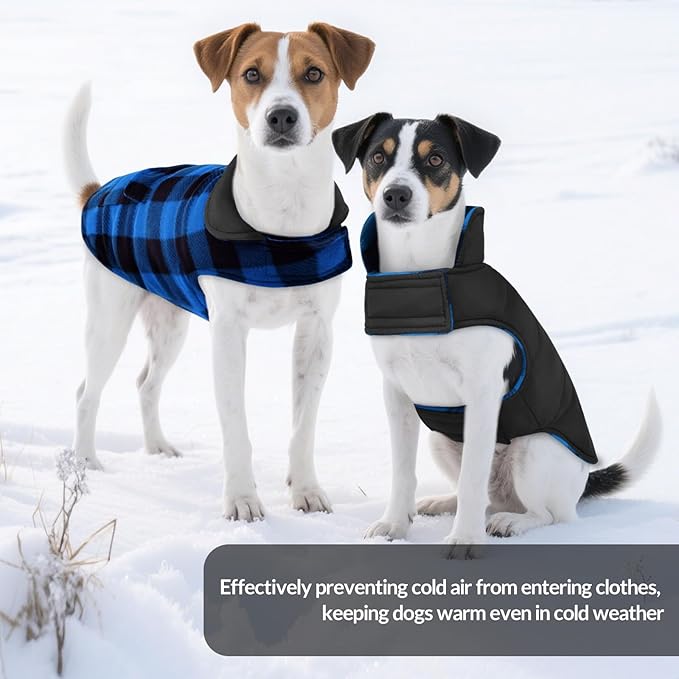 ASENKU Dog Winter Coat, Fleece Doggie Jacket Plaid Reversible Vest Waterproof Windproof Cold Weather Clothes for Small Medium Large Dogs (XXL, Blue)
