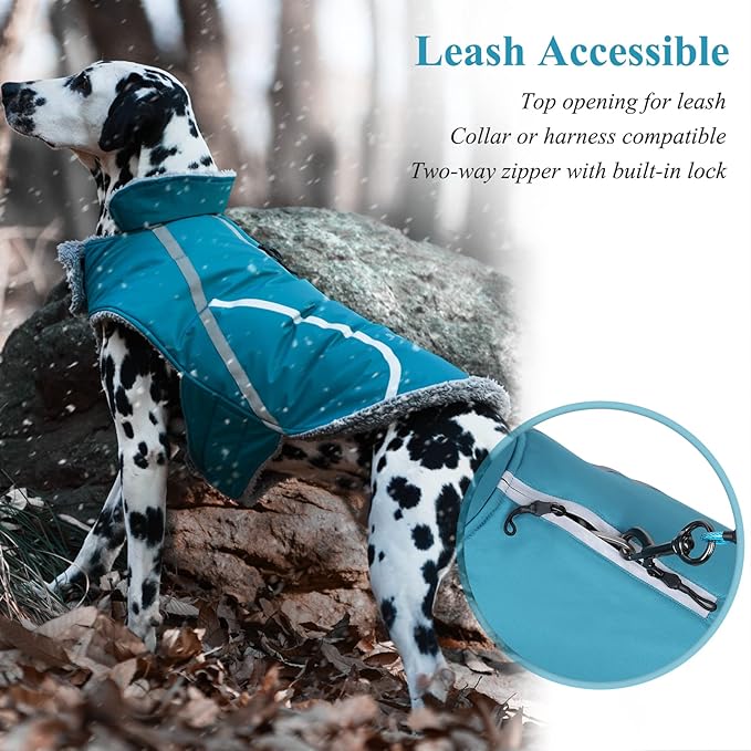 VIVAGLORY Frostfit Dog Coat, Dog Jacket for Winter & Cold Weather, Warm Fluffy Fleece Lined Water Resistant Reflective for Puppy, Coat with Velcro Fastening & Leash Hole, XL, Turquoise