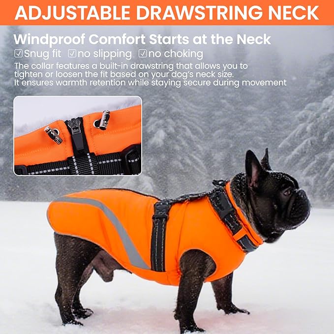 QBLEEV Small Dog Coat, Dog Jackets for Small Dogs, Winter Warm Waterproof Chihuahua Cold Weather Vest with Harness, Windproof Puppy Yorkie Reflective Fleece Dogs Snowsuit for Maltese, Orange, S