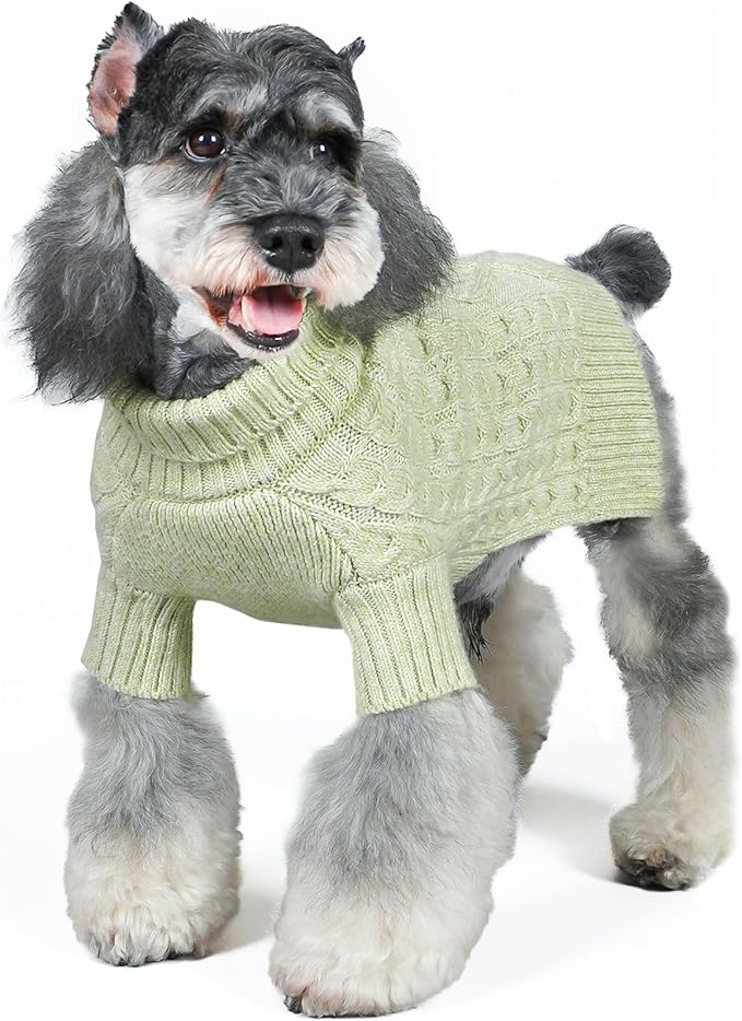 KYEESE Dog Sweater Warm Pet Coats with Classic Cable Knit Long Sleeve Knitwear Dogs Clothes, Turtleneck Stretchy Dog Sweater for Small Dogs, Green, Small