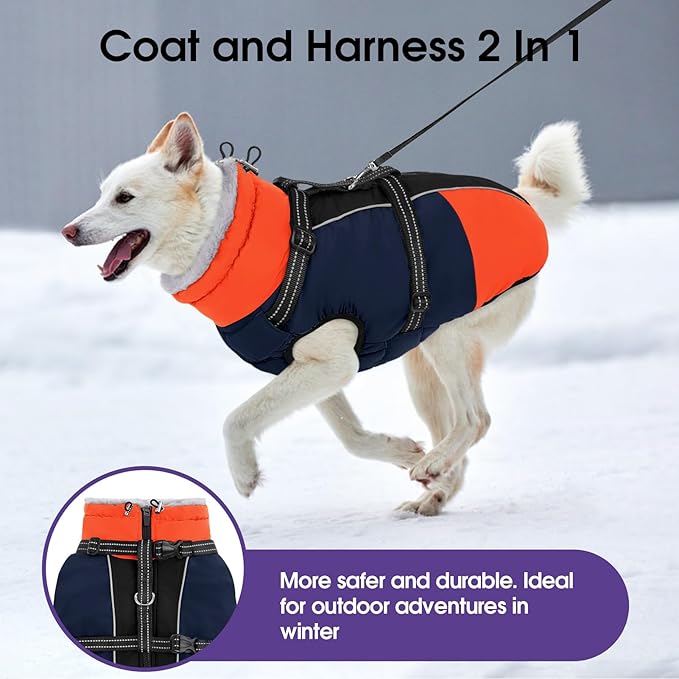 SUNFURA Dog Winter Coat, Warm Dog Coat with Harness for Medium Dogs Boys Girls, Reflective Fleece Lined Pet Winter Jacket Snowsuit for Pug, Jack Russel, Schnauzer, Blue M
