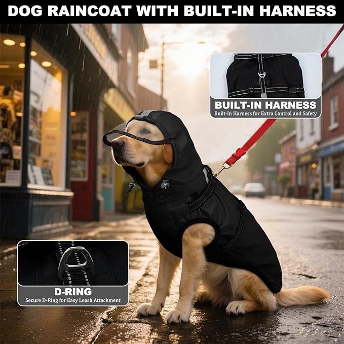 Dog Raincoat For Extra Large Dogs With Hood, Waterproof Dog Rain Jacket with Adjustable Built-in Harness & Back Zipper, Reflective Strip, Removable Hood,for Rainy Walks, Muddy Roads - Black 4XL
