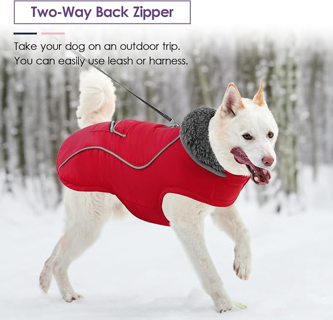 SUNFURA Dog Coat, Large Dog Jacket Reflective Winter Coat for Cold Weather, Windproof Pet Snow Jacket with Pocket, Warm Fleece Sweater Clothes for Large Dogs, Red L