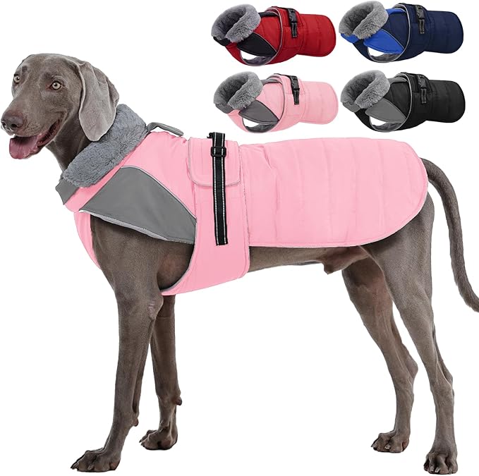 Nanaki Dog Coat Jacket for Large Dogs Winter Waterproof, Warm Fleece Lining Furry Collar Large Dog Jacket with Leash Hole, Reflective Cold Weather Pet Jacket Outdoor Walking Hunting,Easy On Pink 3XL