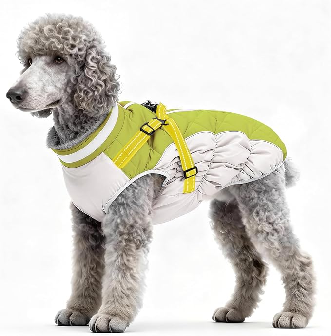 Dog Winter Coat with Harness, Dog Jacket, Pet Clothes with Zipper on Back, Waterproof Windproof Warm Vest, Reflective Cold Weather Coats, for Small Medium Large Dogs, Thick, Green, M