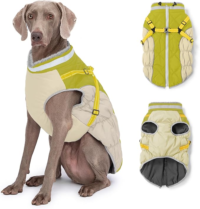 Dog Winter Coat with Harness, Dog Jacket, Pet Clothes with Zipper on Back, Waterproof Windproof Warm Vest, Reflective Cold Weather Coats, for Small Medium Large Dogs, Thick, Green, XL