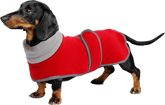 Geyecete Dachshund Sweaters - Dachshund Dog Jacket, Winter Coat with Padded Fleece Lining, High Collar, Snowsuit with Adjustable Bands - Red, XS