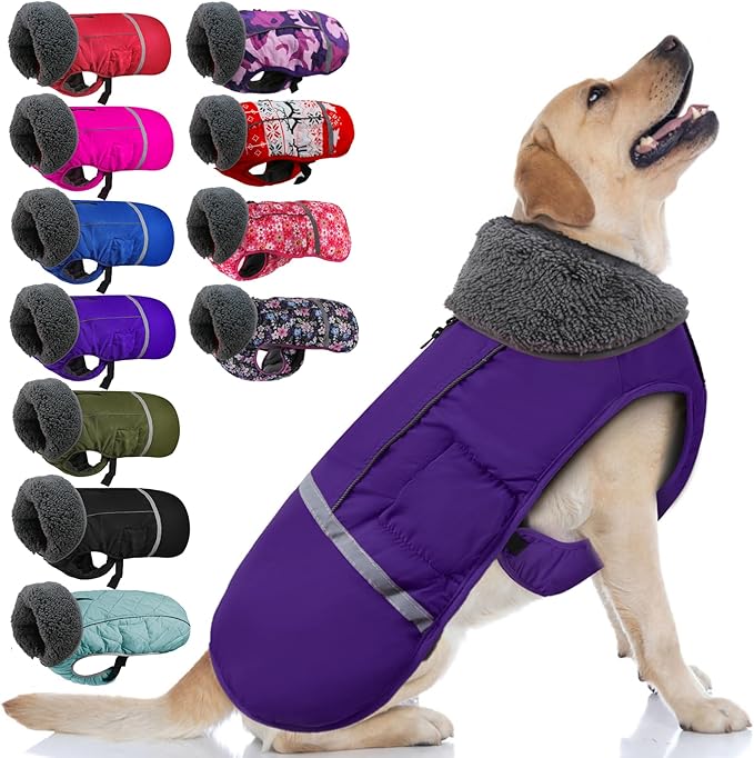 Doglay Dog Coat, Waterproof Dog Jacket Pet Winter Coat for Cold Weather with Thicken Furry Collar, Reflective Puppy Winter Jacket Warm Fleece Lining for Small Medium Large Pets