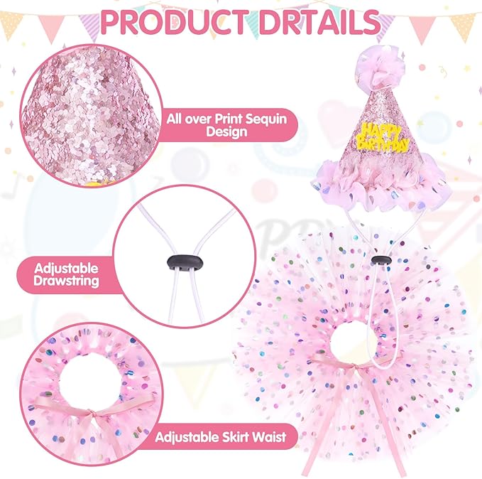 SCENEREAL Dog Birthday Bandana with Hat and Dress Girl Set, Puppy Birthday Party Supplies, Cute Pink Tutu Skirt Outfit for Small Medium Large Dogs