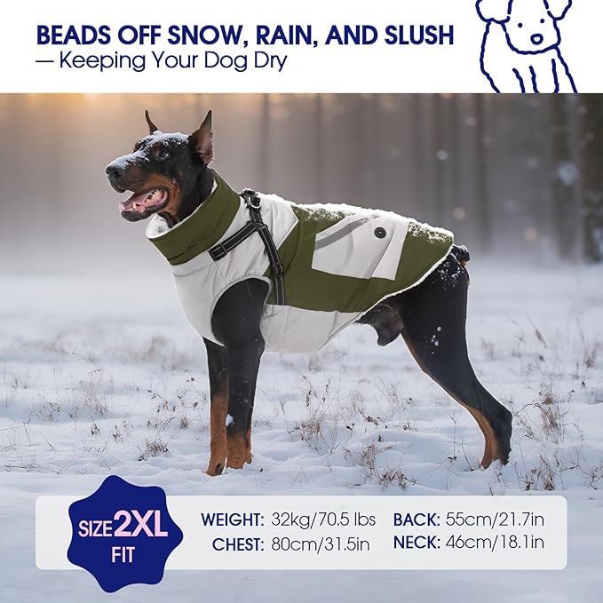 FUAMEY Dog Winter Jackets for Large Dogs,Dog Coat with Harness Built in,Waterproof Dogs Snowsuits Warm Pet Jacket Zip Up Fleece Cold Weather Coats Reflective Puppy Vest with Pocket Green 3XL