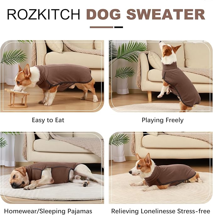 ROZKITCH Fleece Dog Sweatshirts for Large Dogs, Pet Windproof Warm Cold Weather Jacket Vest Cozy Jumpsuit Apparel Outfit Clothes for Walking Hiking Travel Sleep Brown 2XL