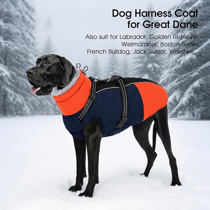 SUNFURA Large Dog Coat with Harness Built in, Warm Dog Jacket Waterproof Pet Winter Coat Snowsuit for Cold Weather, Reflective Fleece Jacket for Large Dogs, Border Collie, Blue XL