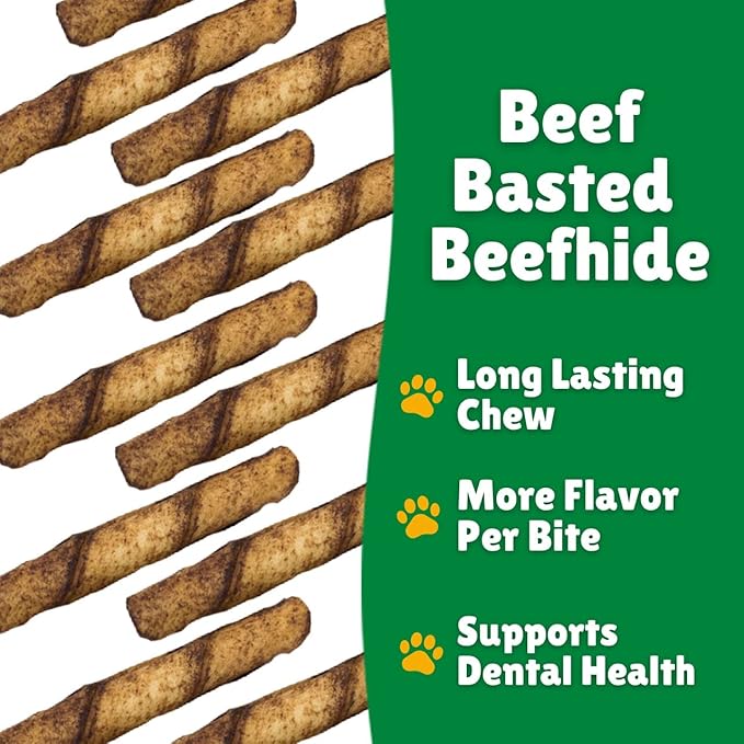 Lucky Premium Treats Beef Basted Rawhide – All-Natural Rawhide and Beef Dog Treats for Extra Small Dogs, Gluten Free Premium Toy Breed Dog Treats (50 Chews)