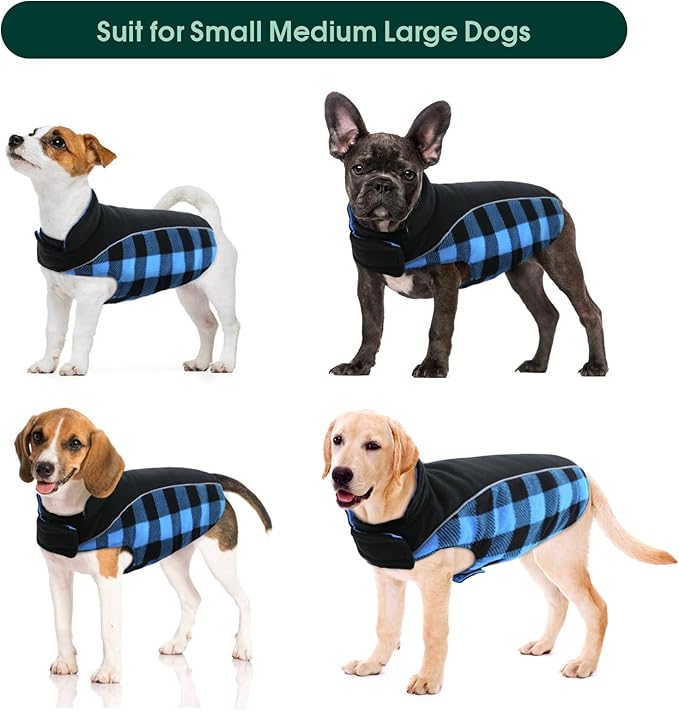 Kuoser Dog Winter Coat, Reversible Waterproof Dog Jacket with Reflective Strip, Warm Dogs Fleece Vest Adjustable Doggy Cold Weather Clothes Plaid Christmas Outfit Pet Apparel for Small Dogs, Blue S