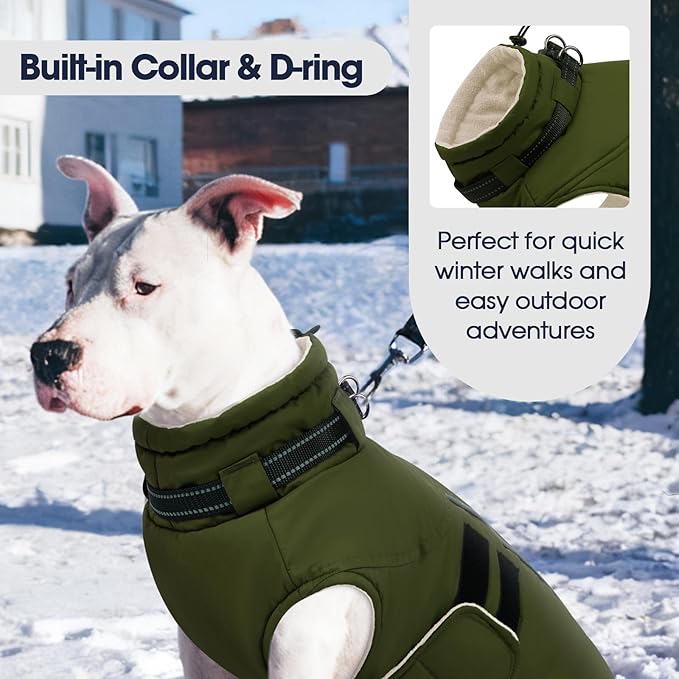 IECOii Big Dog Winter Coat for Giant Breed Dogs Waterproof Dog Jacket with Built in Collar, Reflective Dogs Coat Pet Snow Jacket for Great Dane Saint Bernard, Easy Outdoor Walking, Army Green - 5XL