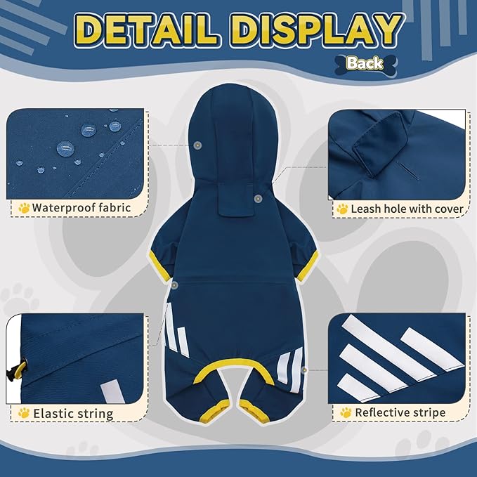 Dog Raincoat, Waterproof Dog Rain Jacket with Hood, Rain Coat with Leash Hole, Reflective Strap for Small Medium Dogs, Lightweight Puppy Clothes(Blue,S)