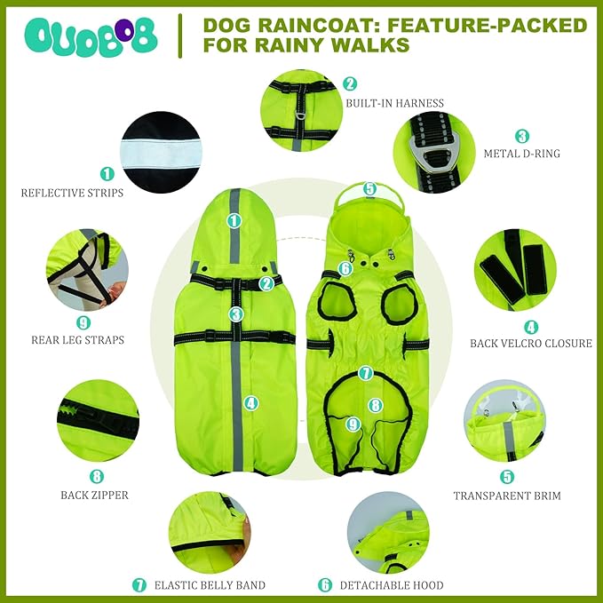 Dog Raincoat XL, Waterproof Rain Jacket for Dogs with Adjustable Built-in Harness & Back Zipper, Reflective Strip, Removable Hood, for Rainy Walks, Muddy Roads - Fluorescent Green