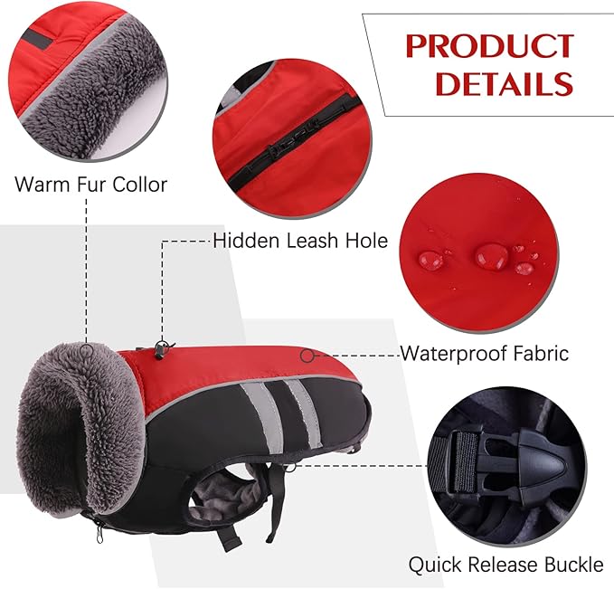 QBLEEV Warm Dog Coat Reflective Winter Jacket, Waterproof Windproof Turtleneck Clothes for Cold Weather, Fleece Snowsuit Christmas Vest Pet Apparel for Small Medium Large Dogs 2XL