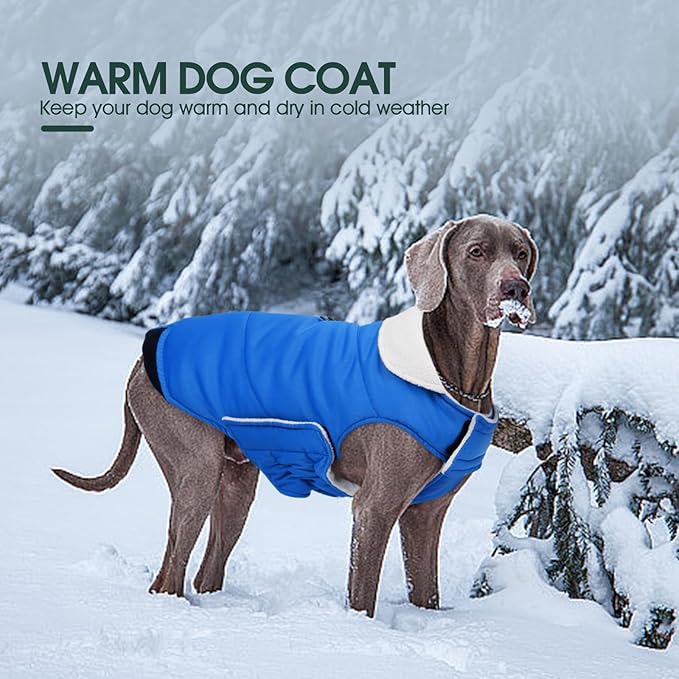 Kuoser Dog Coat Medium, Cold Weather Reflective Waterproof Dogs Jacket with Warm Fleece Lining, Turtleneck Dog Winter Coat with Zipper, Doggy Snow Jacket Pet Coats for Small Medium Large Dogs, Blue M