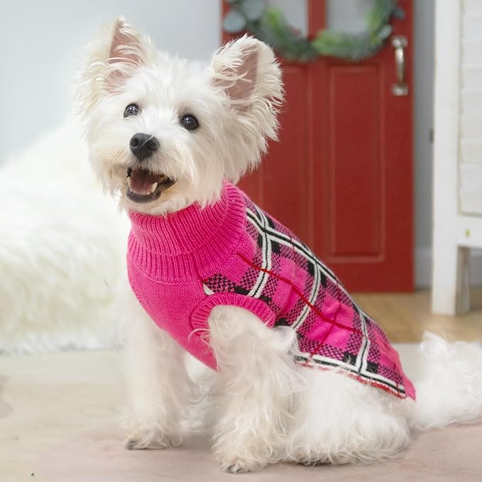 PUPTECK Dog Sweaters for Large Medium Small Dogs - Fall Classic Plaid Style Puppy Holiday Winter Coat Clothes Warm, Fuschia, SM