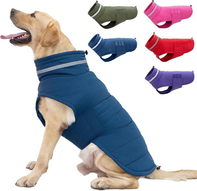 Dog Coat, Waterproof Winter Jacket, Warm Windproof Vest, Reflective Adjustable Turtleneck Coats for Medium and Large Dogs with Hook & Loop - Blue - L
