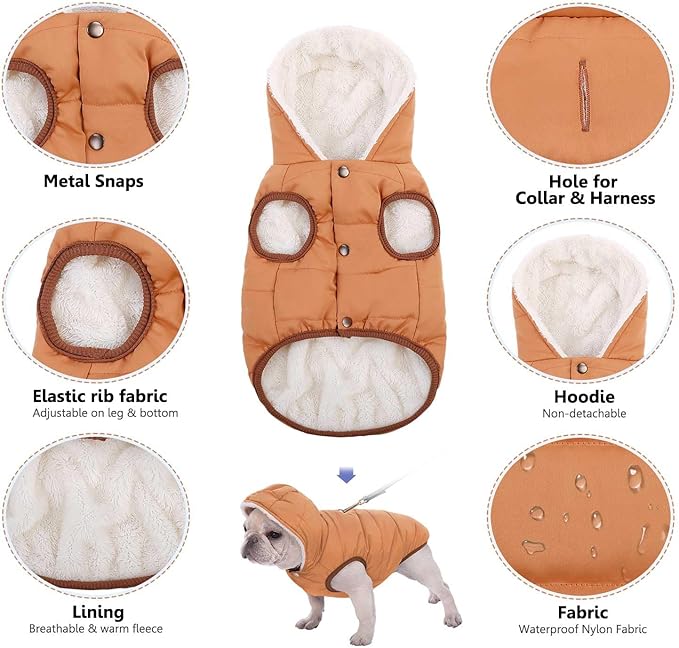 Windproof Waterproof Dog Coat Fleece & Cotton Lined Warm Jacket, Cold Weather Pet Apparel Clothes Vest for Small Medium Large Dog Khaki, XL