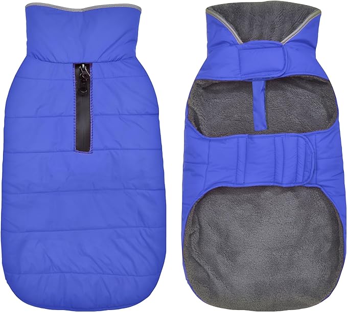 Dog Winter Coat, Waterproof Dog Jacket with Leash Hole, Reflective Adjustable Pet Snow Vest, Warm Fleece Sweater for Small Medium Large Dogs - Blue, XS