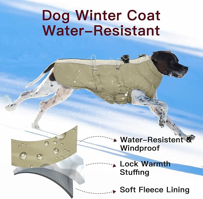 Dog Winter Jacket - Large, Warm Zip Up Snowsuit Dog Harness Vest, Reflective, Water-Resistant, Apricot