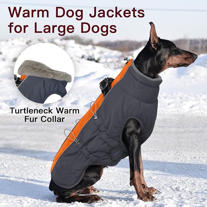 Dog Winter Jacket - 3X Large, Warm Zip Up Snowsuit Dog Harness Vest, Reflective, Water-Resistant, Orange-Gray