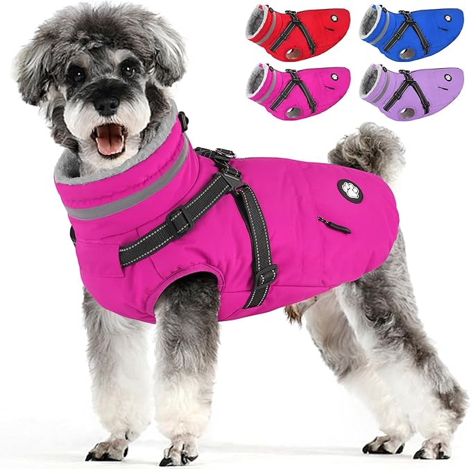 Dogcheer Dog Coat with Harness, Waterproof Dog Jacket Christmas Pet Winter Coat with Pockets, Reflective Doggy Turtleneck Fleece Jacket for Small Medium Large Dogs - Pink, XS