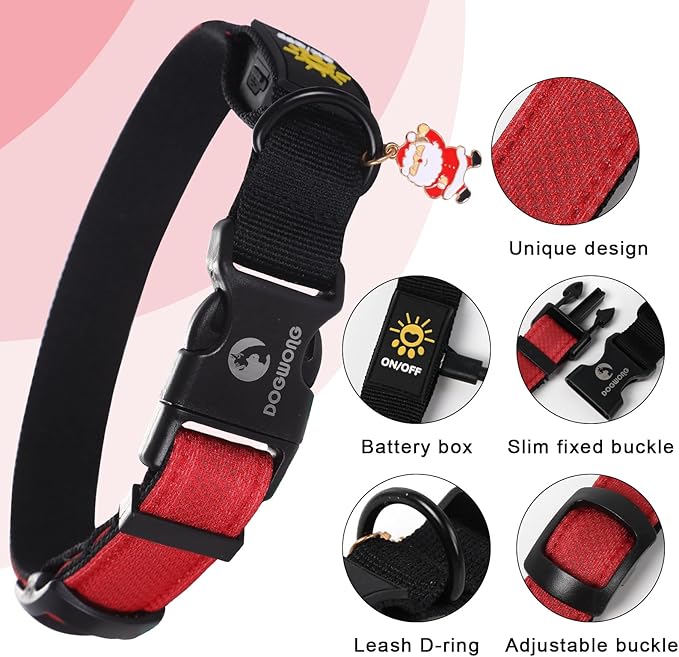 DOGWONG LED Dog Collar - Heavy Duty Light up Collars - Rechargeable Waterproof - Lighted Dog Collar for Night Walking, Hiking, Camping(Red,S)