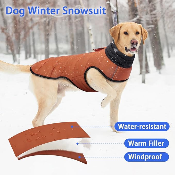MIGOHI Lightweight Dog Coat, Windproof Dog Jacket, Puffer Jacket for Large Dogs, Padded Vest with Reflective Strips, Warm Snow Vest in Cold Weather, Easy On Hook & Loop Belly, Caramel, 2XL