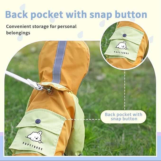 Dog Raincoat with Transparent Hood, Waterproof Jacket for Small Dogs with Snap-Button Chest, Leash Hole & Hook-and-Loop Cuffs Sleeves, Back Pocket for Treats (Blue, Medium)