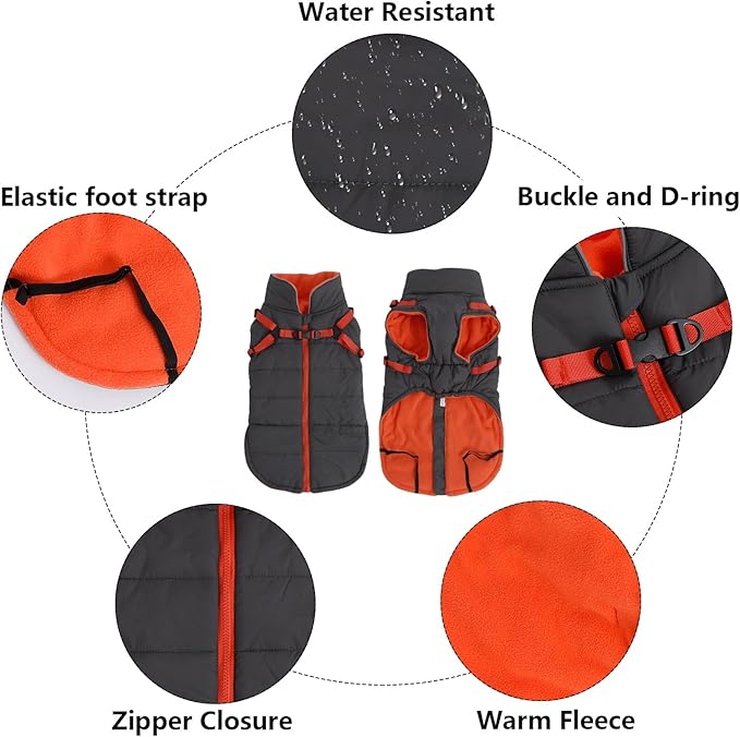 Geyecete Winter Warm Coat Waterproof Dog Winter Jacket with Harness Traction Belt,Windproof Pet Outdoor Jacket-Gray-XL