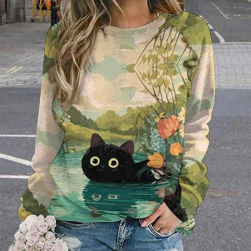 Abstract Cute Cat Shirts for Women Long Sleeve Lady Crewneck Pullover Sweatshirt Fall Winter Oversized Tops