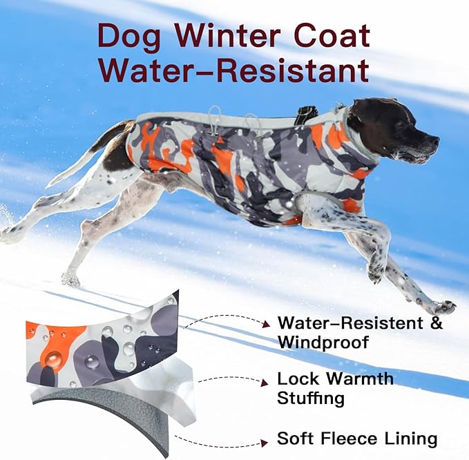 Dog Coat Dog Winter Jacket-Large, Warm Dog Coat Zip Up Snowsuit Dog Harness Vest Reflective Water-Resistant Dog Coat Dog Snow Jacket for Large Dogs French Bulldog, Pug, Orange-Camouflage