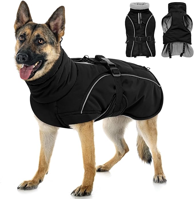 Queenmore Winter Dog Coat Warm Dog Jacket Vest Waterproof Puffer Fleece Snowsuit Adjustable Buckle Leash Hole Reflective Cold Weather Parka for Small Medium Large Dogs Girl Boy Black XXXL