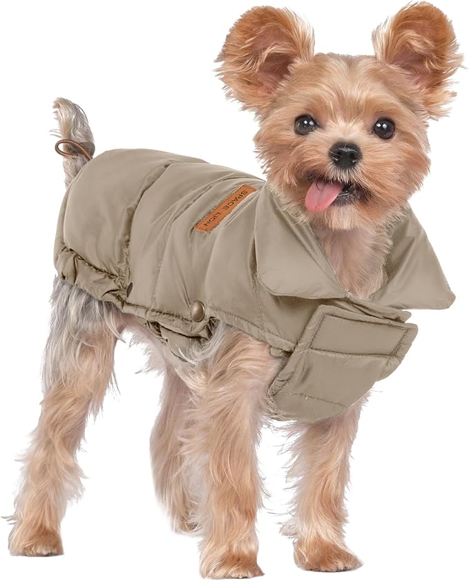 SPACE LION Dog Puffer Jacket, Down Winter Coat, Durable Outdoor Coat for Cold and Windy Conditions, Waterproof, Lightweight Jacket, Adjustable Fit for Small, Medium, Large Dogs(Khaki,8/XS)