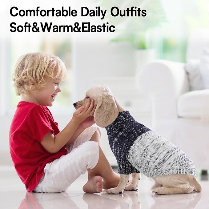 Queenmore Knitted Pullover Dog Sweater, Turtleneck Pet Cat Sweater, Cold Weather Puppy Clothes Stitching Knitwear with Leash Hole for Small Medium Dogs(Blue,M)